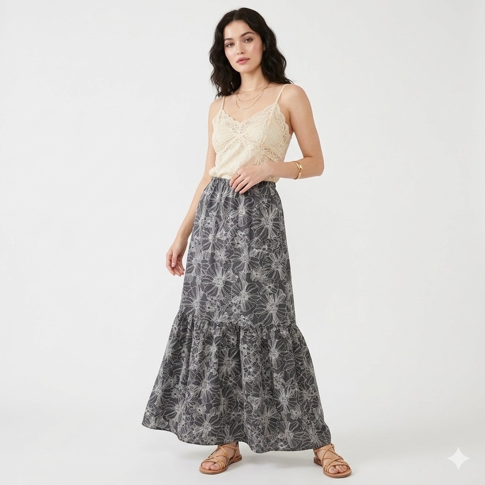 100% Silk Tiered Maxi Skirt Floral Unsubscribed XS Boho Whimsigoth Cottagecore - Picture 10 of 10
